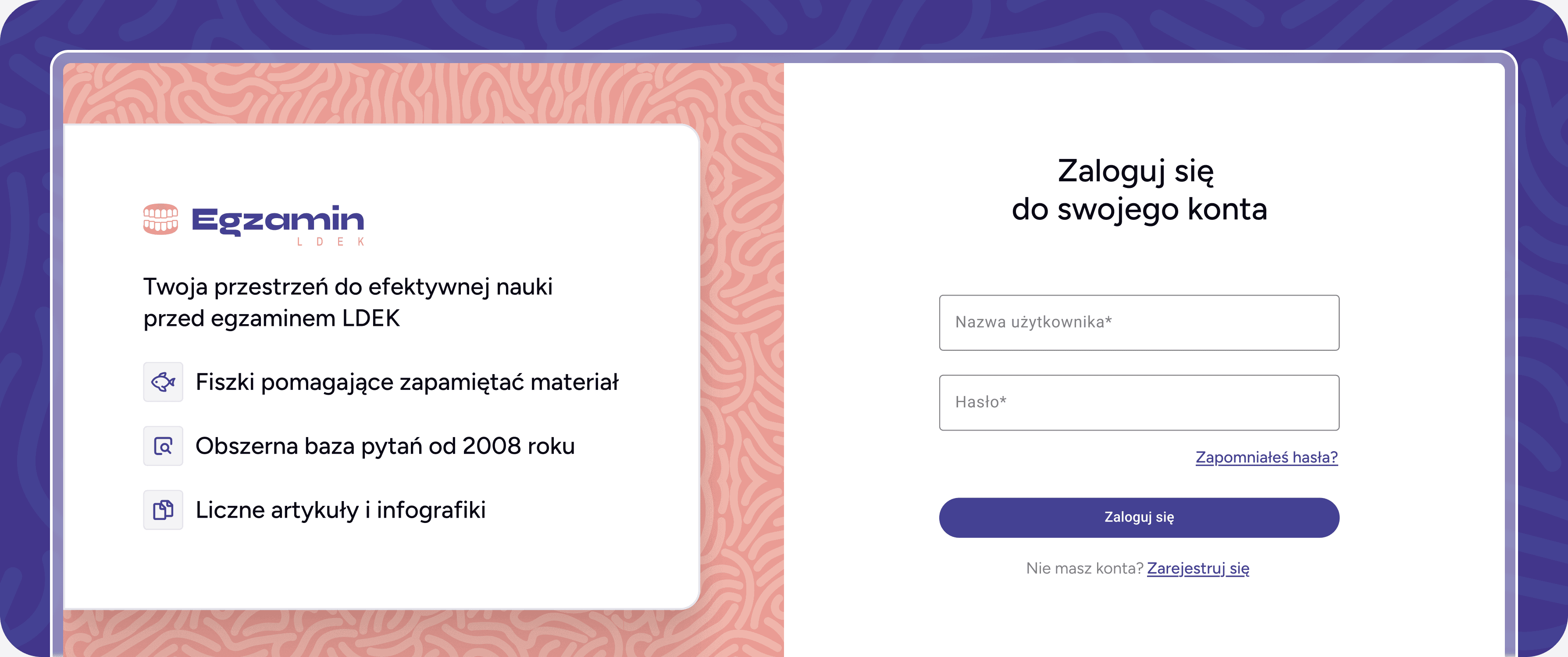 Ekran wyboru egzaminu i logowania w platformie